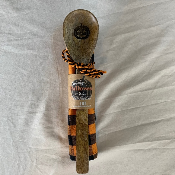 Spooky Halloween Wooden Spoon & Black Gingham Dish Towel Set - Picture 1 of 6